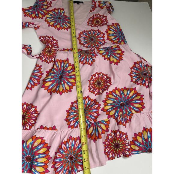 GibsonLook Mandala Mini Dress Pink Multi V Neck Boho Ruffle Hem xs - Picture 8 of 9